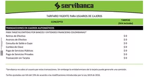 Catálogo Servibanca | TARIFARIO VIGENTE PARA USUARIOS DE CAJEROS | 2025-01-10T00:00:00-05:00 - 2026-01-01T23:59:00-05:00